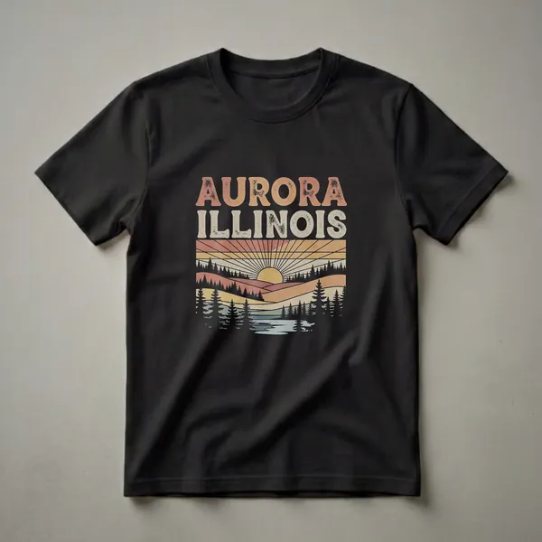 Black t-shirt featuring a retro sunset landscape design with the text 'AURORA ILLINOIS' in distressed font, rolling hills, pine trees, and a body of water.
