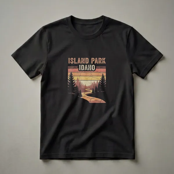 Black graphic t-shirt featuring a retro sunset scene with a winding river through a pine forest, with the words 'ISLAND PARK IDAHO' at the top.