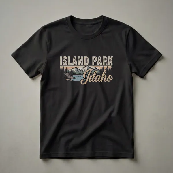 Black t-shirt featuring a retro graphic design of Island Park, Idaho, with mountains, a lake, a cabin, and pine trees.