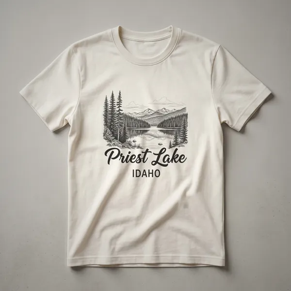Black t-shirt with a sketch art design of Priest Lake, Idaho, featuring pine trees, a lake, and mountains, with 'Priest Lake IDAHO' text.