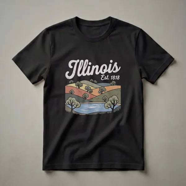 Black t-shirt featuring a retro graphic of rolling green and orange hills, trees, and a blue body of water, with the text 'Illinois Est. 1818' in a distressed font.