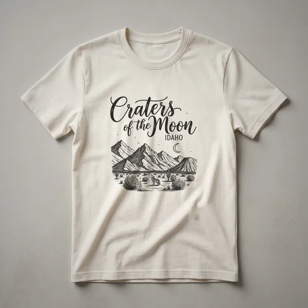 Black graphic t-shirt featuring a sketch art design of Craters of the Moon, Idaho, with mountains, desert plants, a howling coyote, and a crescent moon.