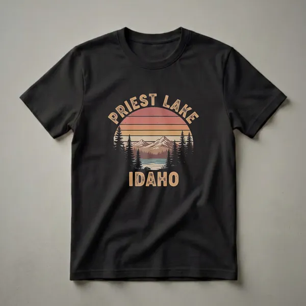 Black graphic t-shirt featuring a retro design of Priest Lake, Idaho, with mountains, pine trees, and a striped sunset.