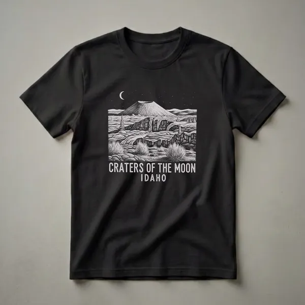Black graphic t-shirt featuring a vintage-style drawing of Craters of the Moon National Monument in Idaho at night, with a volcano, lava fields, and a crescent moon.