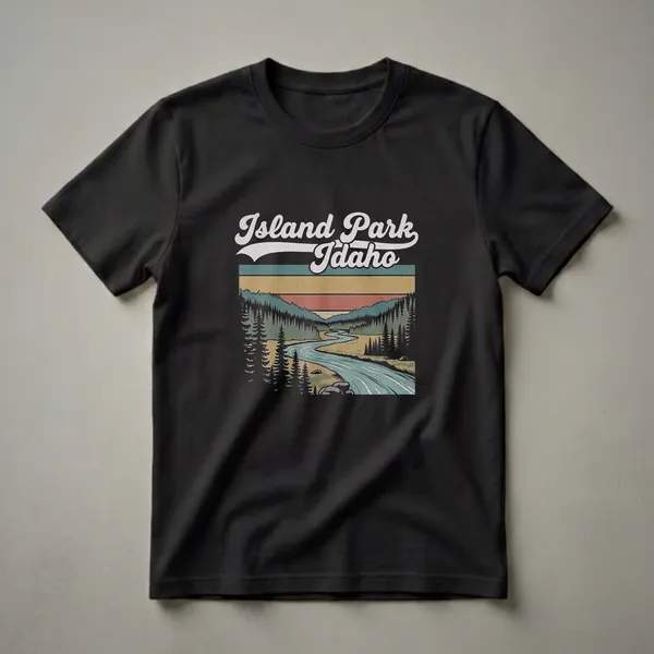 Black t-shirt with a retro graphic design of Island Park, Idaho, featuring a winding river, pine trees, and vintage sunset-colored stripes.