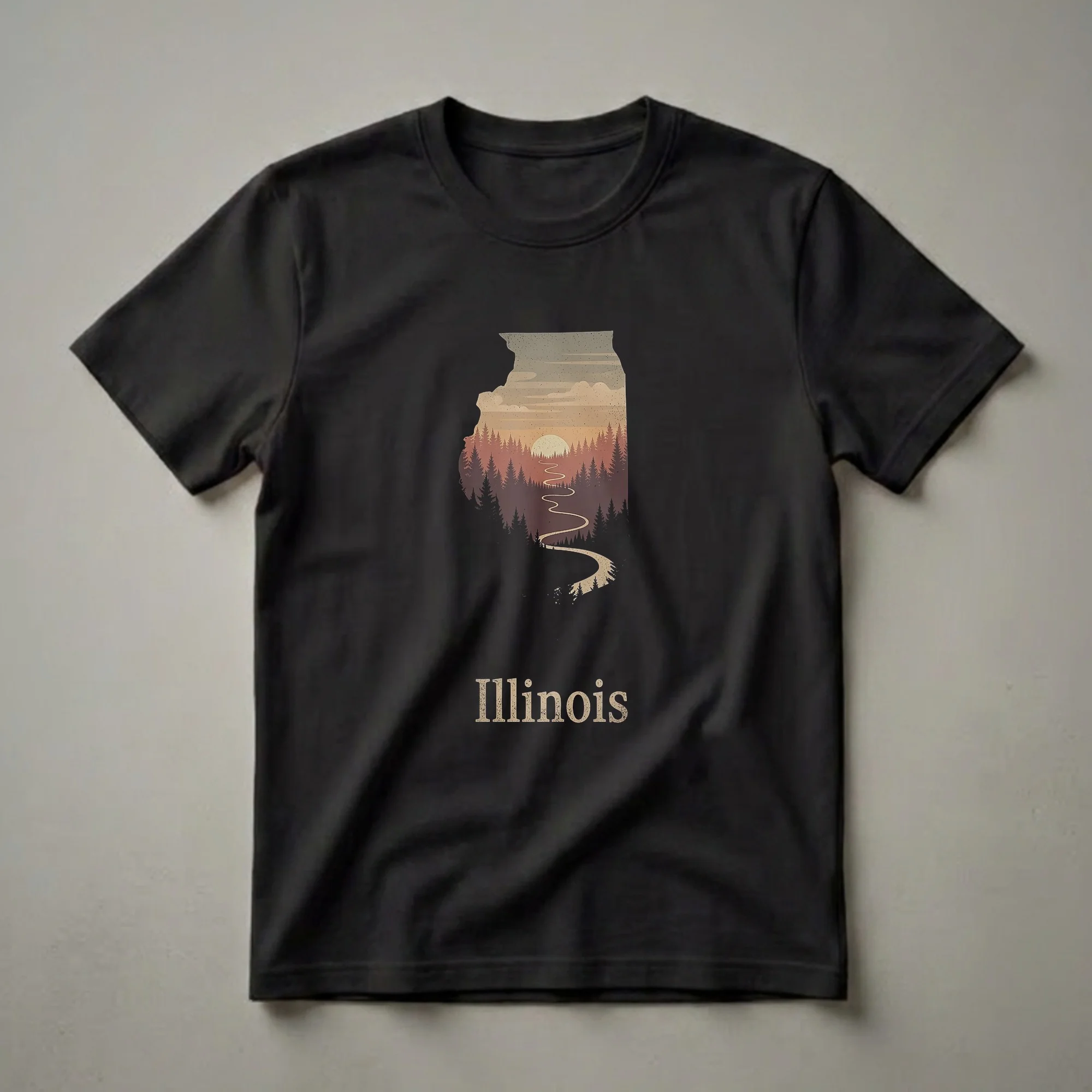 Black t-shirt featuring the outline of Illinois filled with a retro sunset forest landscape and a winding road.
