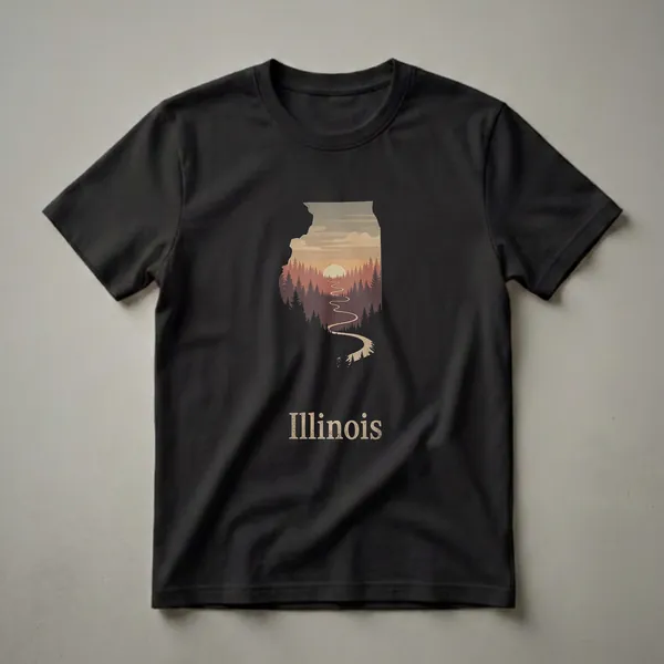 Black t-shirt featuring the outline of Illinois filled with a retro sunset forest landscape and a winding road.