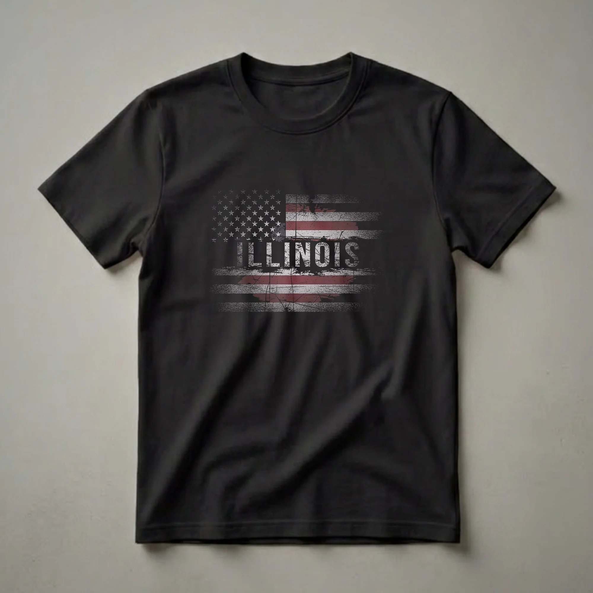 Black t-shirt with a distressed American flag graphic and the word 'ILLINOIS' in white lettering across the stripes.