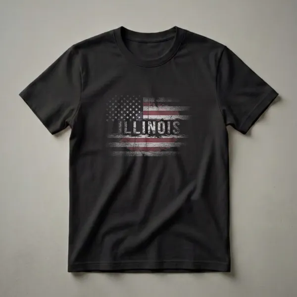 Black t-shirt with a distressed American flag graphic and the word 'ILLINOIS' in white lettering across the stripes.