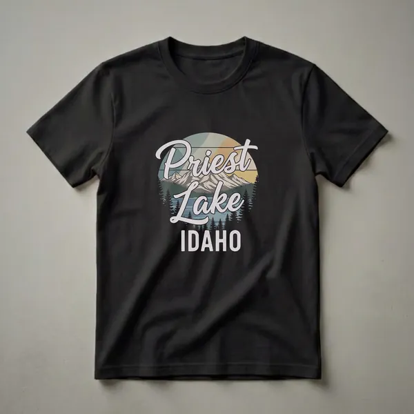 Black t-shirt with a retro graphic design of Priest Lake, Idaho, featuring mountains, a lake, pine trees, and vintage sunset colors.