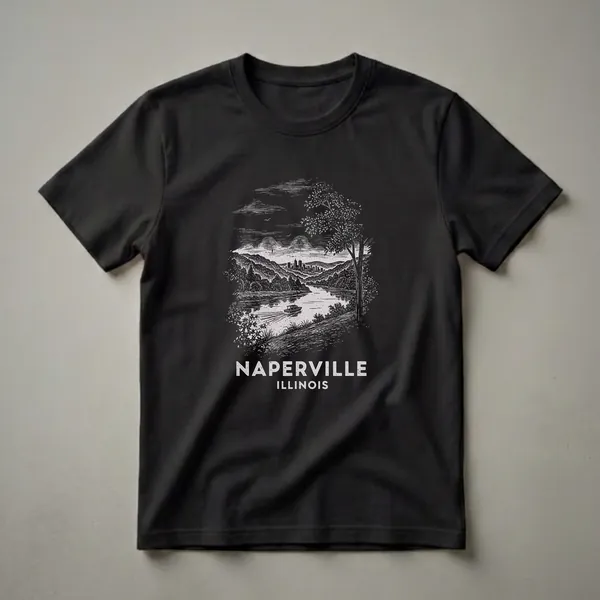 Black t-shirt with a vintage drawing of Naperville, Illinois, showing a river, boat, trees, hills, and city skyline, with text below.