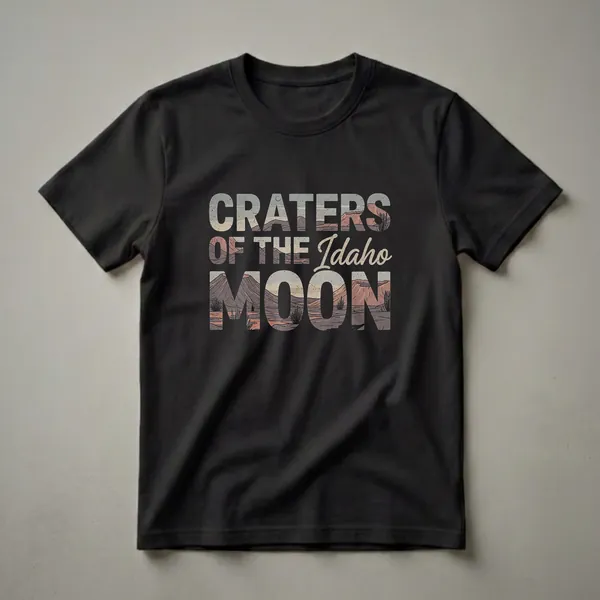 Black t-shirt with distressed text 'CRATERS OF THE MOON Idaho' filled with a retro desert landscape featuring volcanic cones and sparse vegetation.