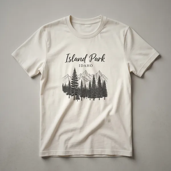 Black graphic t-shirt with a sketch of pine trees in front of mountains, and the text 'Island Park IDAHO'.