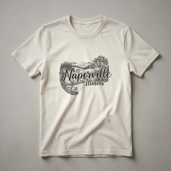 Black graphic t-shirt featuring a sketch art design of Naperville, Illinois with a landscape, deer, fox, trees, and hills.