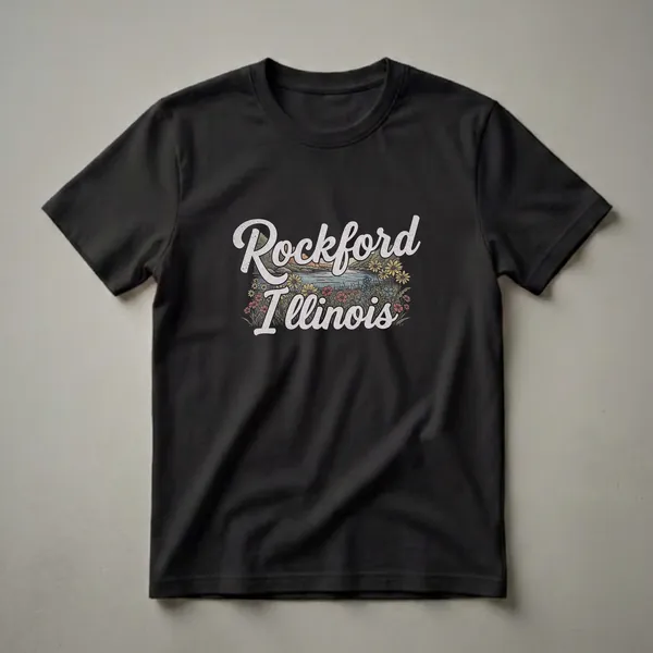 Black t-shirt with a retro graphic design that reads 'Rockford Illinois' over a scenic landscape of a river, hills, and colorful wildflowers.