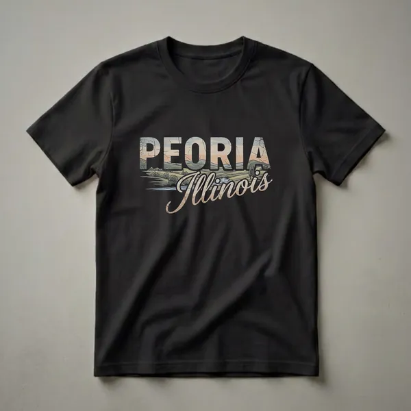 Black t-shirt with a retro graphic featuring the words "PEORIA Illinois" over a stylized landscape of rolling hills, a river, and trees, with a distressed texture.