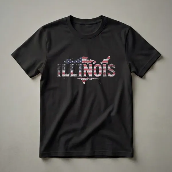 Black t-shirt featuring a distressed graphic of the Illinois state outline filled with the American flag pattern, with the word ILLINOIS overlaid in a distressed font.