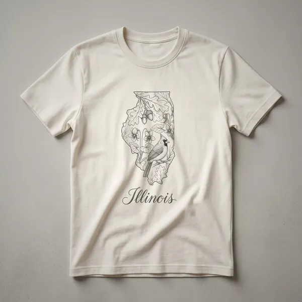 Black graphic t-shirt featuring a line art illustration of the Illinois state outline filled with a cardinal, oak leaves, acorns, and violets.