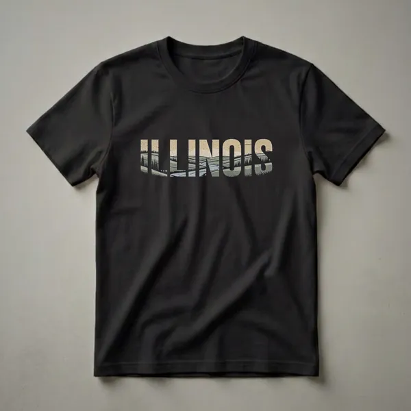 Black t-shirt with the word ILLINOIS filled with a retro landscape design showing rolling hills, a river, and pine trees.