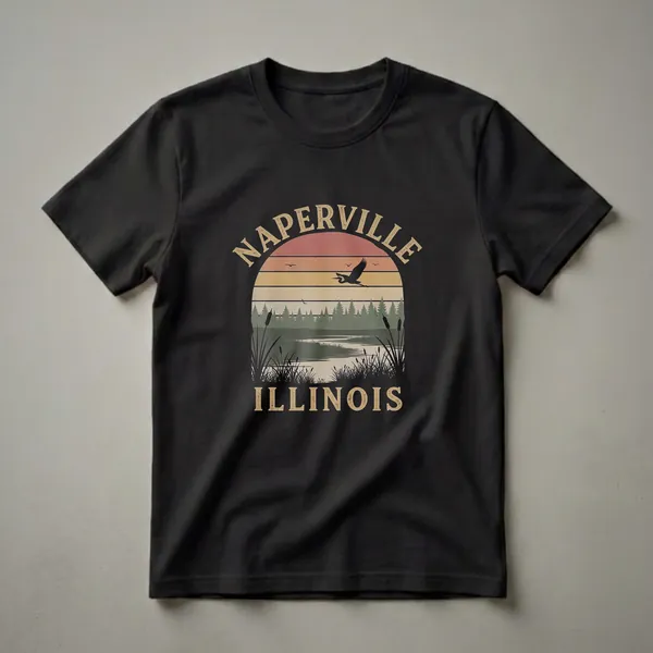 Black t-shirt featuring a retro graphic of Naperville, Illinois with a sunset over a lake, a flying heron, pine trees, and cattails.