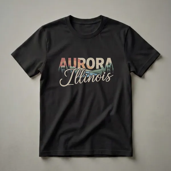 Black t-shirt with a retro graphic design that reads 'AURORA Illinois' over a vintage landscape scene of hills, a river, and pine trees.