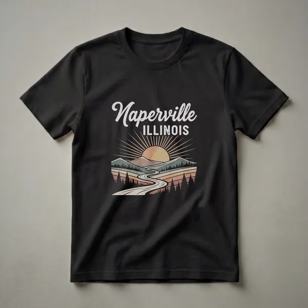 Black graphic t-shirt featuring the text 'Naperville ILLINOIS' above a retro landscape with rolling hills, a winding road, pine trees, and a sunburst.