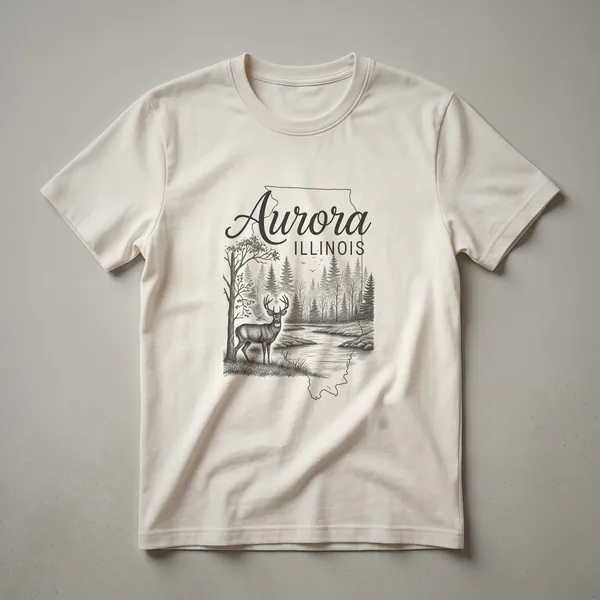 Black t-shirt with a sketch art design of the Illinois state outline filled with a forest scene, a deer, and the text 'Aurora ILLINOIS'.