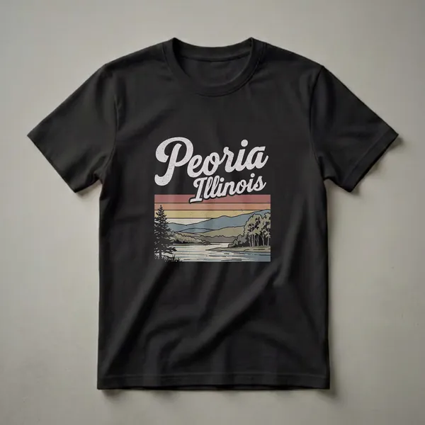 Black t-shirt with a retro graphic design featuring the text "Peoria Illinois" above a vintage landscape scene of water, hills, trees, and a striped sunset.