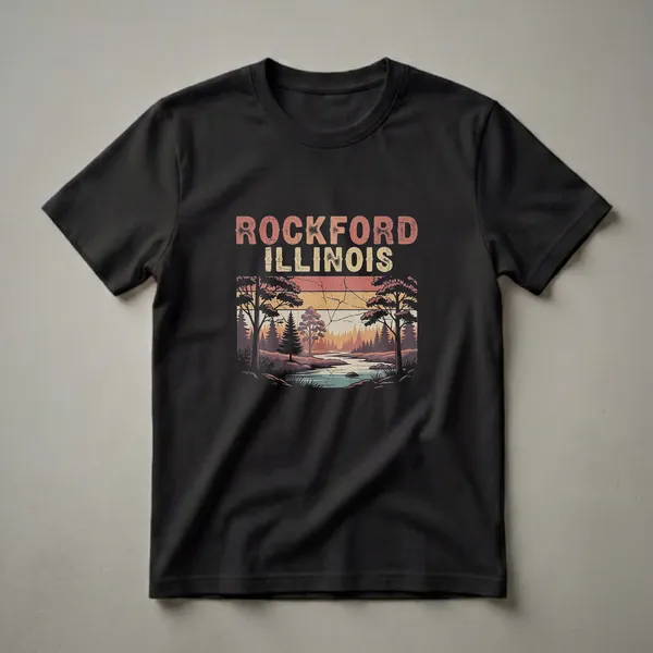 Black t-shirt with a retro graphic design that reads "ROCKFORD ILLINOIS" above a landscape scene of a river flowing through a forest with a vintage color palette.