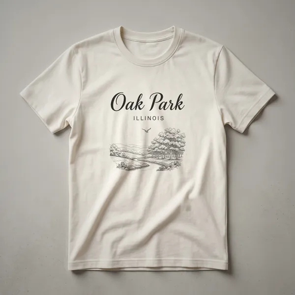 Black graphic t-shirt featuring a sketch art design of Oak Park, Illinois, with the town name above a landscape scene of a path, trees, and a bird.