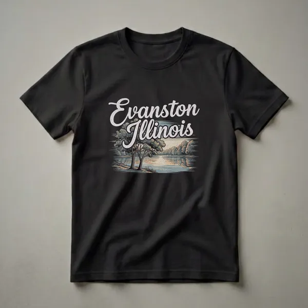 Black graphic t-shirt featuring the words 'Evanston Illinois' in a retro font above a drawing of a lakefront scene with trees and water.