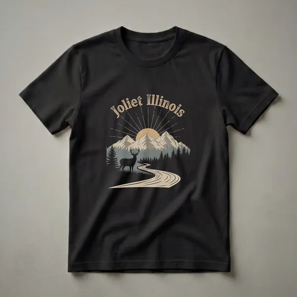 Black graphic t-shirt with a retro design of Joliet, Illinois, featuring a deer, pine trees, mountains, and a sunburst.