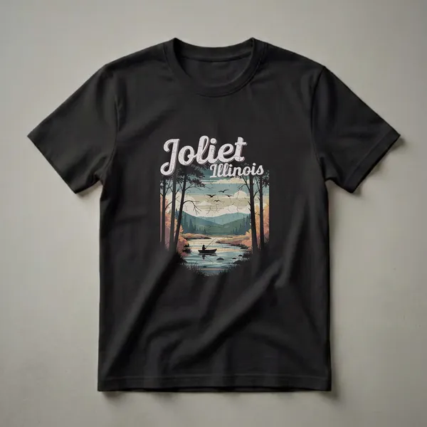 Black graphic t-shirt featuring the words "Joliet Illinois" in a retro font above a scenic landscape with a fisherman in a boat, trees, and mountains.