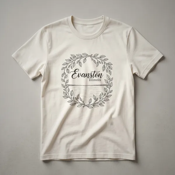 A black t-shirt featuring a line-art sketch of a leafy wreath framing the words 'Evanston Illinois' above a subtle landscape.
