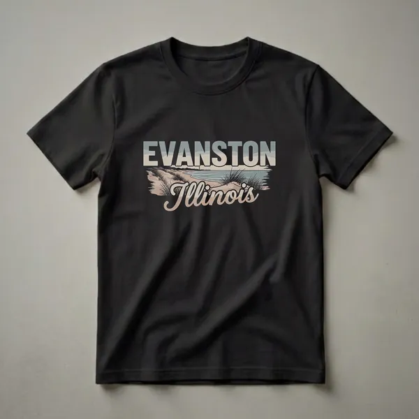 Black t-shirt featuring a retro graphic design with 'EVANSTON' in large block letters and 'Illinois' in script, set against a beach scene with sand, grass, water, and a lighthouse.