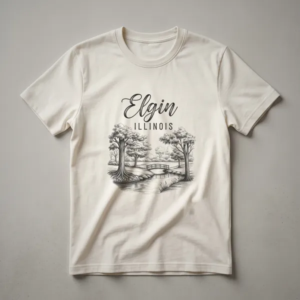 Black graphic t-shirt with a sketch-style illustration of a park scene in Elgin, Illinois, featuring trees, a bridge, and a stream.