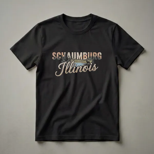 Black t-shirt with a retro graphic design featuring the words "Schaumburg Illinois" over a landscape of pine trees, a lake, and a deer.