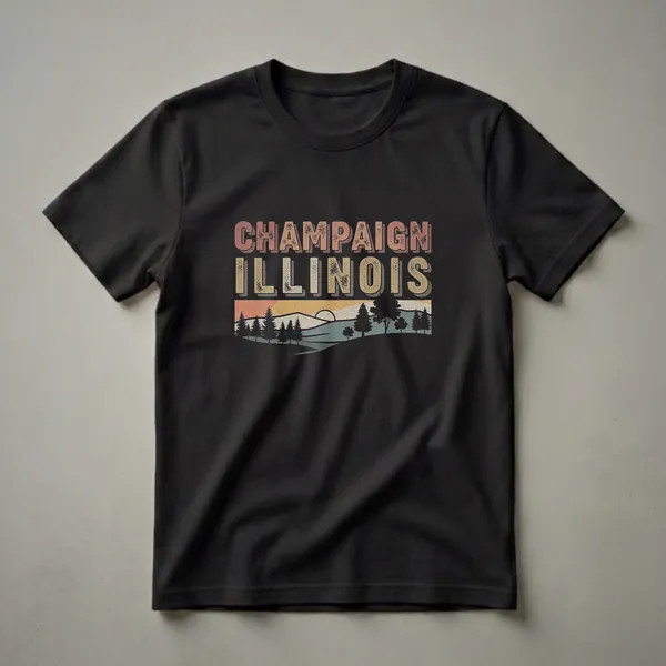 Black t-shirt featuring retro 'Champaign Illinois' text above a landscape of rolling hills, silhouetted trees, and a setting sun in muted earth tones.