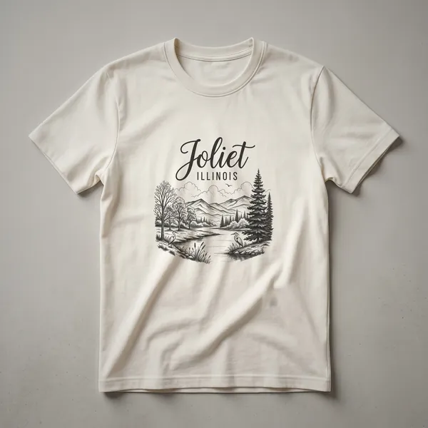 Black graphic t-shirt featuring a sketch of Joliet, Illinois with a lake, mountains, trees, and two herons.