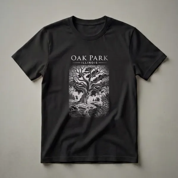 Black graphic t-shirt with a vintage white illustration of a large oak tree, a winding stream, rocks, grass, and clouds, with 'OAK PARK ILLINOIS' text above.