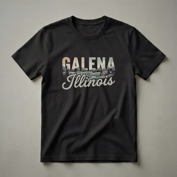 Black t-shirt featuring a retro graphic design of Galena, Illinois with rolling hills, a river, pine trees, mountains, and a log cabin.