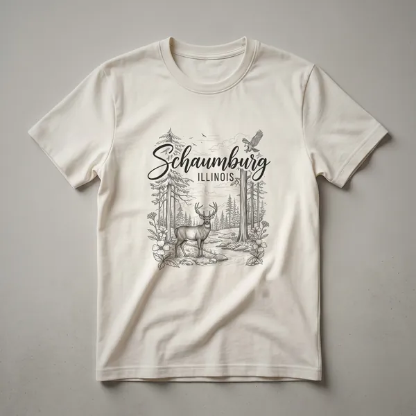 Black t-shirt with a sketch art design featuring the word Schaumburg above "ILLINOIS", a deer in a forest with trees and flowers, and an eagle in the sky.