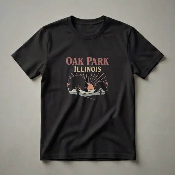 Black t-shirt featuring a retro graphic of Oak Park, Illinois with silhouetted trees, a vintage sunset, and distressed text.
