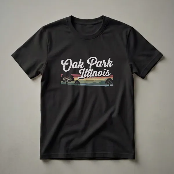 Black t-shirt featuring a retro graphic design of Oak Park, Illinois with silhouetted trees, a river, and a striped sunset sky.