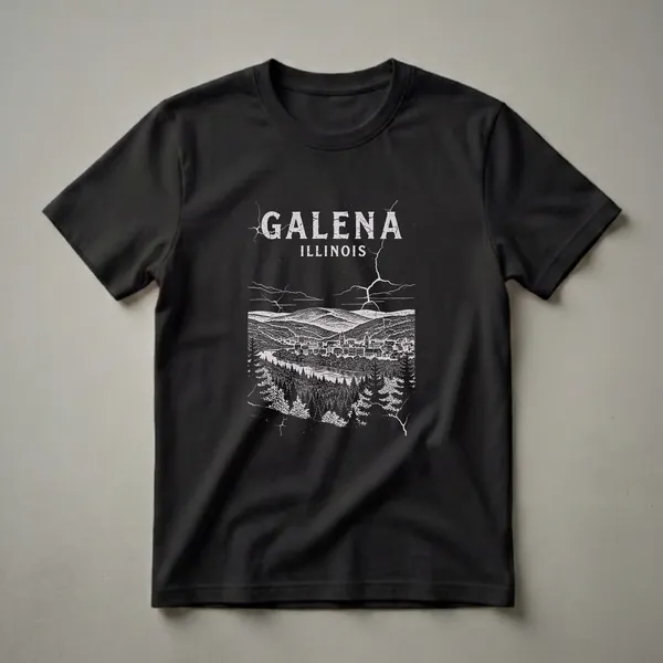 Black t-shirt with a vintage drawing of Galena, Illinois, showing buildings, a river, hills, and pine trees under a cracked sky.