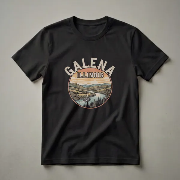 Black t-shirt featuring a circular retro graphic of Galena, Illinois, with a paddlewheel boat on a river, rolling hills, and pine trees. Text reads 'GALENA ILLINOIS'.