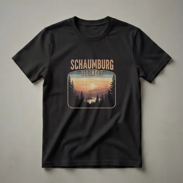 Black t-shirt with a retro graphic design for Schaumburg, Illinois, featuring a sunset landscape with pine trees and the text "SCHAUMBURG ILLINOIS".