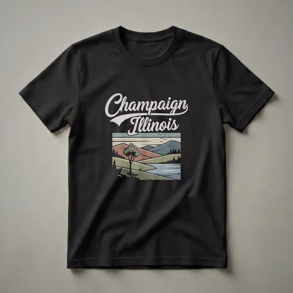 Black graphic t-shirt featuring the text 'Champaign Illinois' in a retro font above a stylized landscape with rolling hills, a tree, and a body of water.