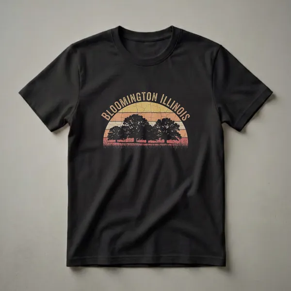 Black t-shirt featuring a retro sunset design with the words "Bloomington Illinois" arched at the top, silhouetted oak trees, and tall grass.