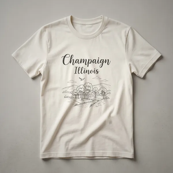 Black graphic t-shirt featuring a sketch of a landscape with trees, hills, a path, a bird, and the words 'Champaign Illinois' in script.